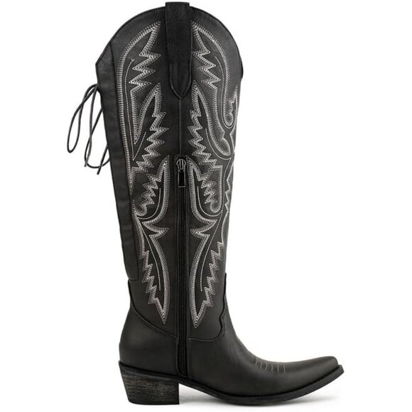 ⚡Women's Black Knee High Wide Calf Lace Up Embroidered Cowgirl Boots Pull On - Picture 4 of 7